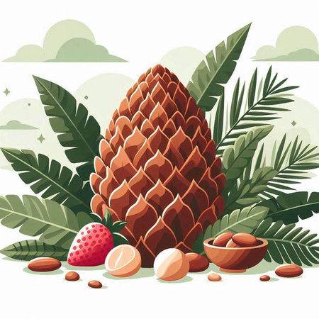 Pine cone with tropical leaves and fruits on white background. Vector illustration.のイラスト素材