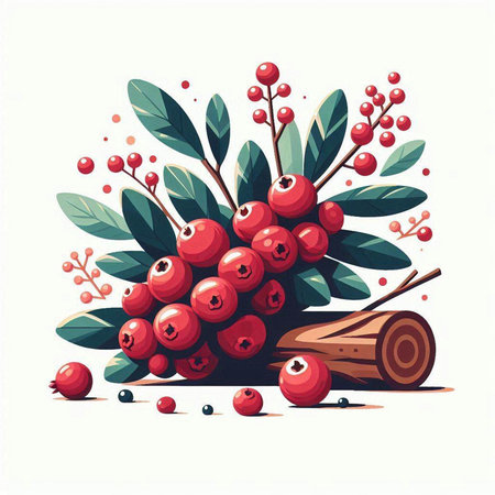 Bunch of red berries with green leaves and firewood. Vector illustration.のイラスト素材