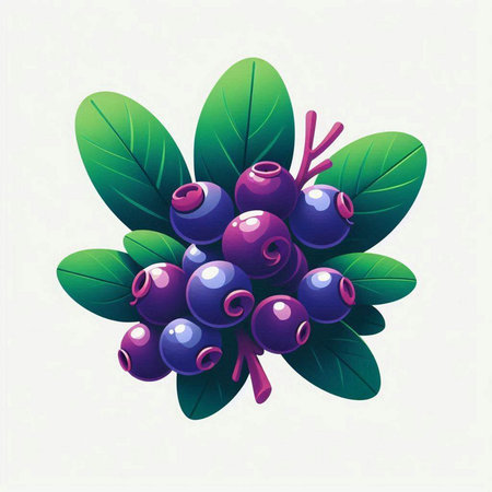Bunch of ripe blueberries with green leaves. Vector illustration.のイラスト素材