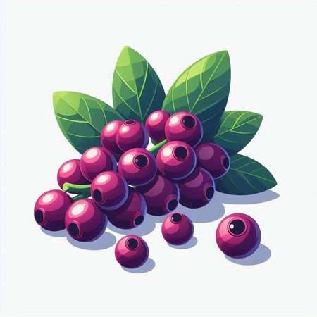 Illustration of ripe blueberries with green leaves on a white backgroundのイラスト素材