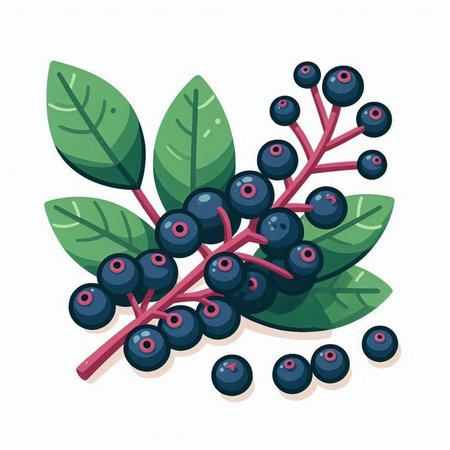 Bunch of ripe blueberries with green leaves. Vector illustration.のイラスト素材