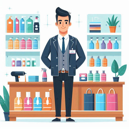Bartender standing at the counter in the store. Vector illustrationのイラスト素材