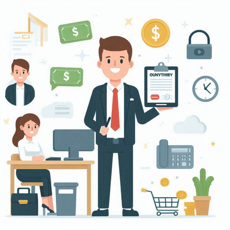 Vector illustration of a man and woman in office. Businessman in office.のイラスト素材