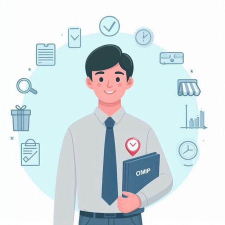 Businessman with checklist and icons around him. Flat style vector illustration.のイラスト素材