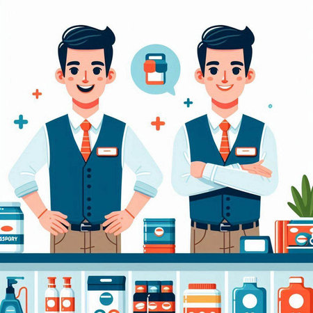 Handsome male pharmacist standing near shelves with medicines. Vector illustration in flat styleのイラスト素材