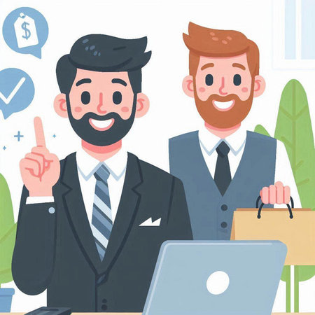 Businessman and Businessman Working on Laptop in Office. Vector Illustrationのイラスト素材