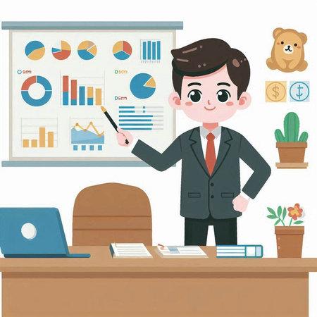 Businessman presenting his ideas in the office. Vector illustration in cartoon style.のイラスト素材