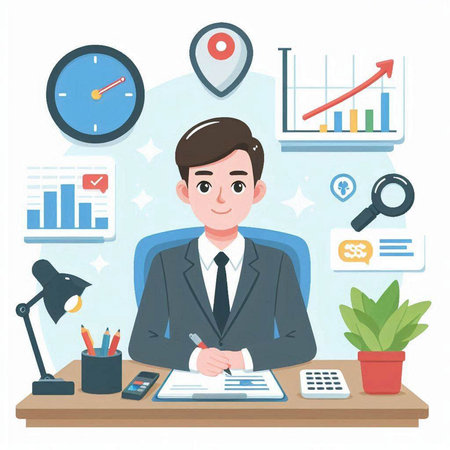 Businessman working in office. Vector illustration in a flat style.のイラスト素材