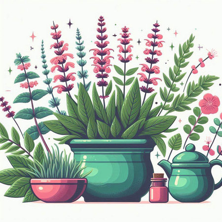 Flowers in pots, herbs and teapot. Vector illustration.のイラスト素材