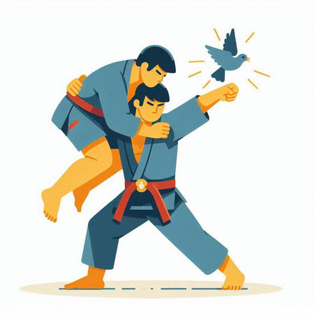 Taekwondo. Young man fighting with a pigeon. Vector illustration.のイラスト素材