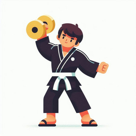 Boy in kimono training with dumbbell. Vector illustration.のイラスト素材