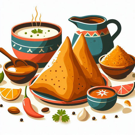 Illustration of traditional indian food - dumplings, samosas, rice dumplingsのイラスト素材