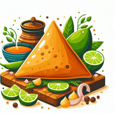 Vector illustration of nachos with lime and spices. Traditional mexican food.のイラスト素材