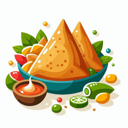 Vector illustration of traditional indian food, samosas in plate.のイラスト素材