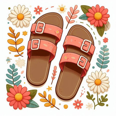 Flip-flops and flowers. Vector illustration in cartoon style.のイラスト素材