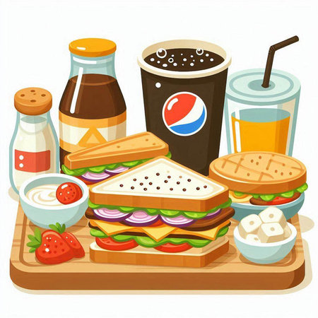 Illustration of a Sandwiches Set with Fruits and Sodaのイラスト素材