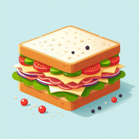 Sandwich with cheese, ham, tomato, cucumber and lettuceのイラスト素材