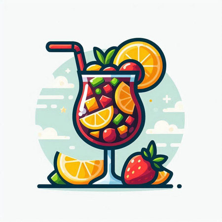 Cocktail with lemon and strawberries. Vector illustration in flat styleのイラスト素材