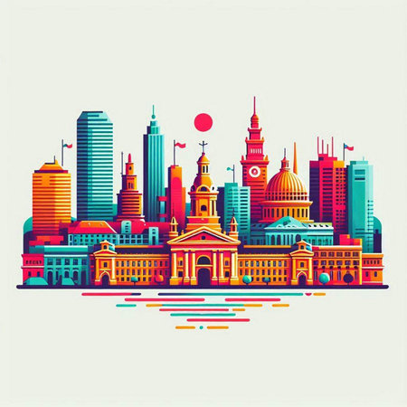 City skyline. Vector illustration in flat style. Cityscape with landmarks.のイラスト素材