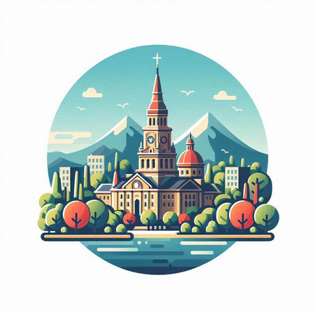 Vector illustration of the city of Riga, Latvia. Cityscape with a church in the center.のイラスト素材