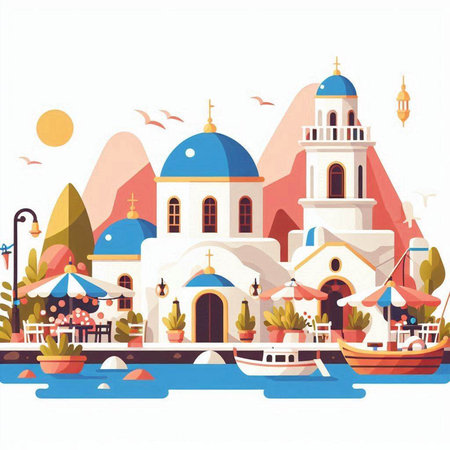 Flat style vector illustration of a Greek Orthodox church on the island of Santorini.のイラスト素材