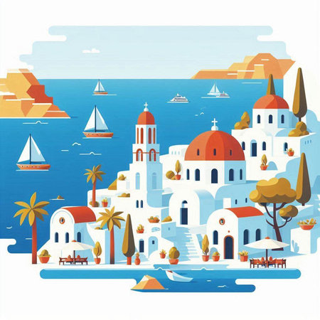 Santorini island, Greece. Flat style vector illustration.のイラスト素材