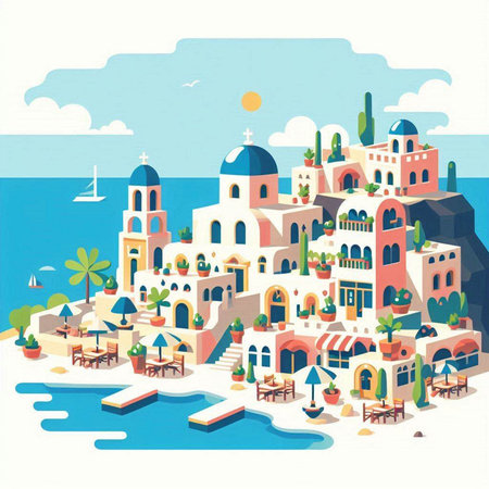 Santorini island. Greece. Vector illustration in flat styleのイラスト素材