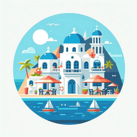 Vector illustration in flat style. Travel and vacation concept. Vacation, sea resort.のイラスト素材
