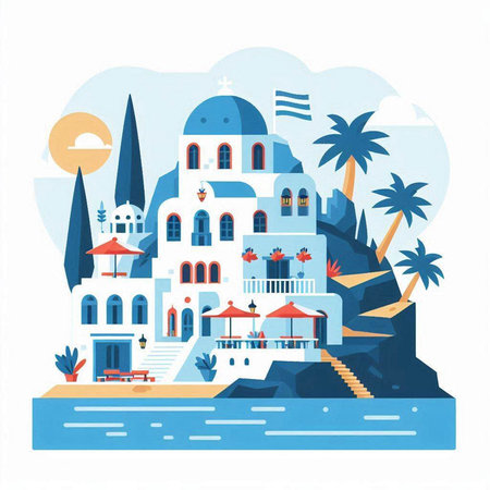 Santorini island, Greece. Vector illustration in flat styleのイラスト素材
