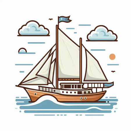 Sailing ship on the sea. Vector illustration in flat style.のイラスト素材
