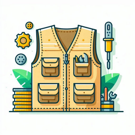 Vector illustration of yellow safety vest with tools. Flat style design.のイラスト素材