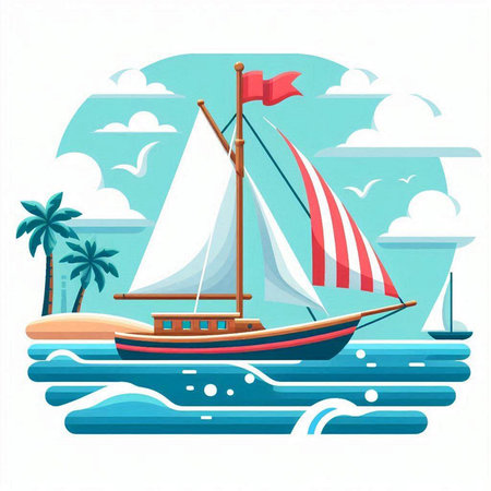 Sailing boat on the sea, vector illustration. Flat style.のイラスト素材