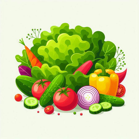 Fresh vegetables vector illustration. Healthy food background. Vegetables and fruits.のイラスト素材