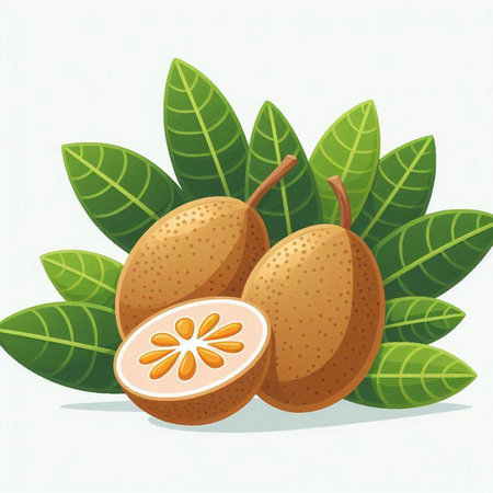 Sapodilla fruits with leaves on white background. Vector illustration.のイラスト素材
