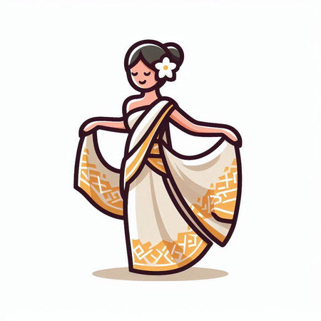 Beautiful girl in long dress with a red flag. Vector illustrationのイラスト素材