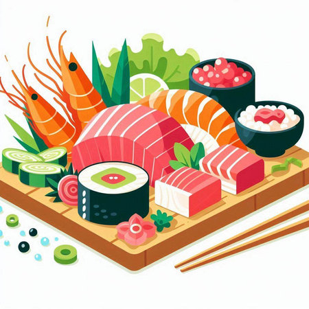 Sushi and rolls on a wooden plate with chopsticks. Vector illustration.のイラスト素材