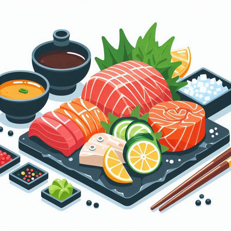 Illustration of Sushi Set with Salmon, Tuna, Eel and Soy Sauceのイラスト素材
