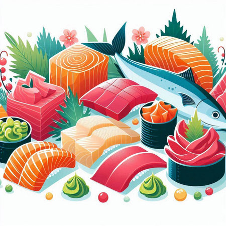 Illustration of Japanese food background with salmon, tuna, sashimiのイラスト素材