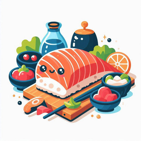 Illustration of sushi with vegetables and sauce. Japanese food. Vector illustrationのイラスト素材