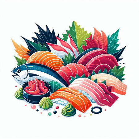 Sushi vector illustration. Sashimi, salmon, tuna, japanese food.のイラスト素材