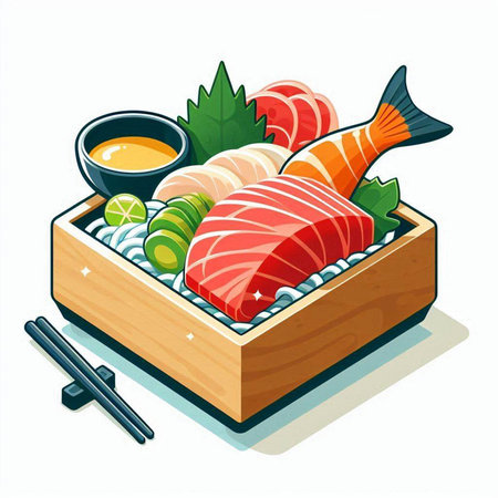Illustration of a sushi set in a wooden box on a white backgroundのイラスト素材