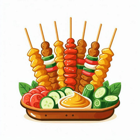 Illustration of grilled kebab on skewers with vegetables.のイラスト素材