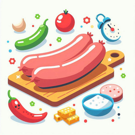 Sausage on a cutting board with vegetables. Vector illustration.のイラスト素材