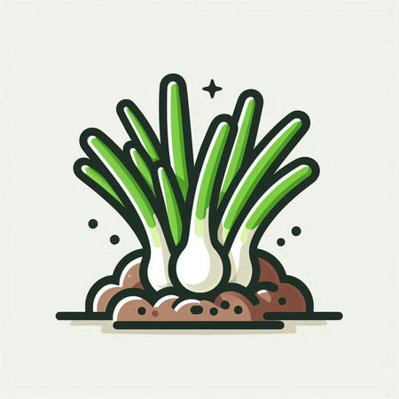 Vegetable icon, vector illustration in flat linear style. Green onion plant in soil.のイラスト素材