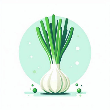 Vector illustration of fresh green onion on white background with watercolor spotsのイラスト素材