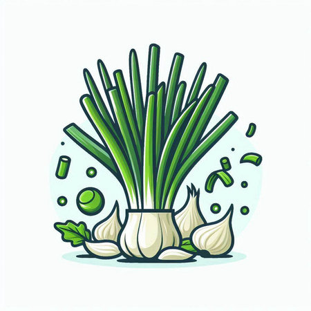 Illustration of fresh garlic, onion and parsley on white backgroundのイラスト素材