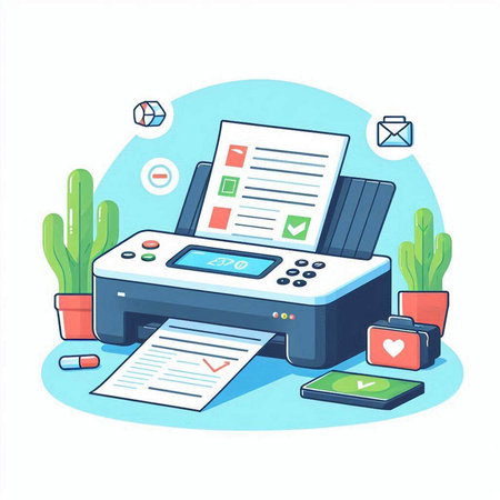 Vector illustration of printer with paper documents, mobile phone and cactus in potのイラスト素材
