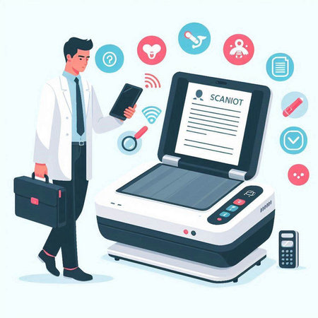 Doctor in white coat standing near digital photocopier. Vector illustration in cartoon styleのイラスト素材