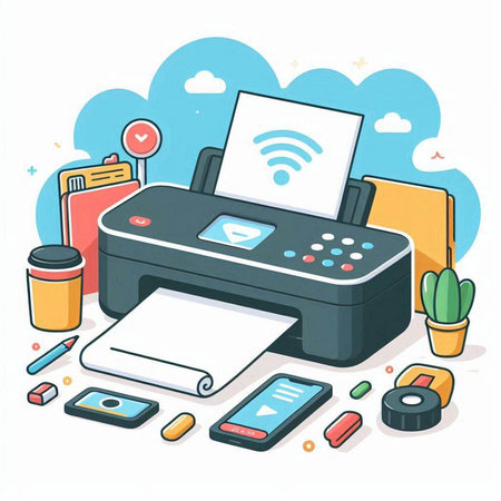 Vector illustration of printer, mobile phone, coffee cup and laptop.のイラスト素材
