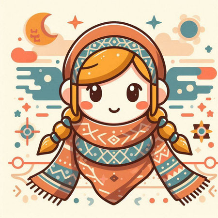 Cute cartoon girl in ethnic clothes. Vector illustration in retro style.のイラスト素材
